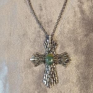Vintage handcrafted large cross pendant with blue green stone on necklace